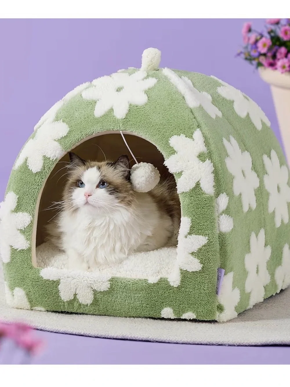 Cozy Green Floral Cat Cave Bed with Pom Toy